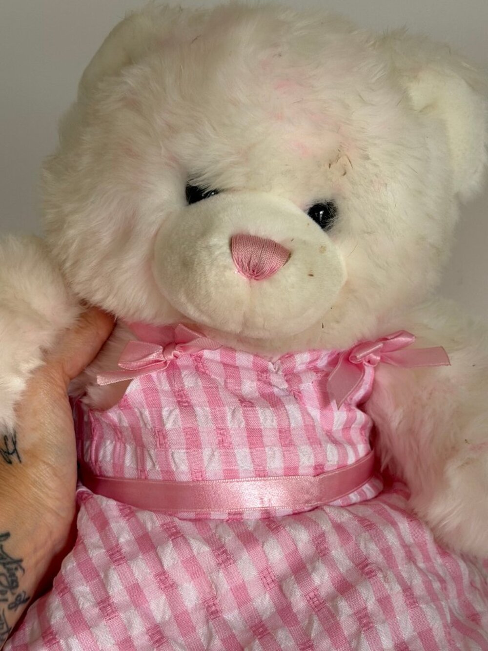 Build A Bear White Pink Marbled Teddy Bear Gingham Dress Stuffed Animal Y2K - Picture 13 of 15
